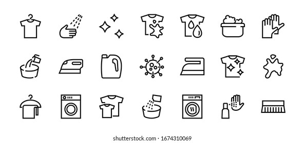 Simple set of washing related vector line Icons. Contains icons such as washing machine, powder, laundry, dirty t-shirt and much more. On a white background, editable stroke. 48x48 pixels perfect.