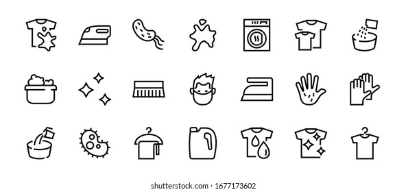 Simple set of washing related vector line Icons. Contains icons such as washing machine, powder, laundry, dirty t-shirt and much more. On a white background, editable stroke. 48x48 pixels perfect.