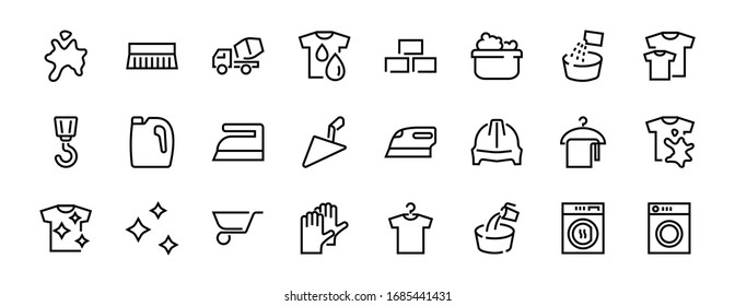 Simple set of washing related vector line Icons. Contains icons such as washing machine, powder, laundry, dirty t-shirt and much more. On a white background, editable stroke. 48x48 pixels perfect.