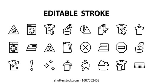 Conjunto simple de Iconos de línea vectorial relacionados con el lavado. Contiene íconos como lavadora, polvo, lavandería, pantalones sucio y mucho más. En un fondo blanco, trazo editable. 48x48 píxeles perfectos.