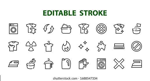 Einfache Auswahl an Vektorillustration-Symbolen für die Wäsche. Enthält Symbole wie Waschmaschine, Pulver, Wäscherei, schmutziges T-Shirt und vieles mehr. Auf weißem Hintergrund, bearbeitbarer Schlaganfall. 48 x 48 Pixel perfekt.