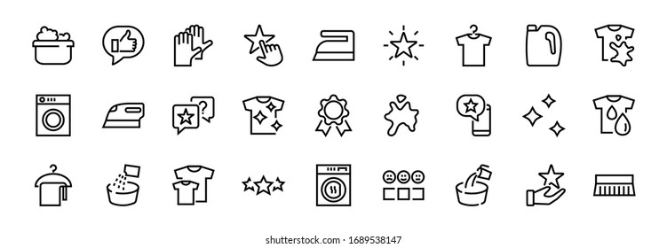  Conjunto simple de Iconos de línea vectorial relacionados con el lavado. Contiene íconos como lavadora, polvo, lavandería, pantalones sucio y mucho más. En un fondo blanco, trazo editable. 48x48 píxeles perfectos.