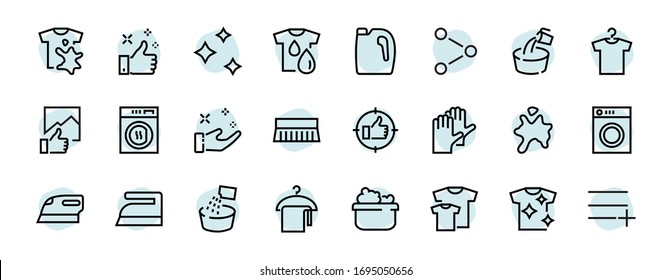  Simple set of washing related vector line Icons. Contains icons such as washing machine, powder, laundry, dirty t-shirt and much more. On a white background, editable stroke. 48x48 pixels perfect.