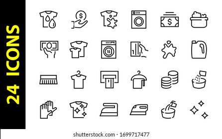  Simple set of washing related vector line Icons. Contains icons such as washing machine, powder, laundry, dirty t-shirt and much more. On a white background, editable stroke. 48x48 pixels perfect.