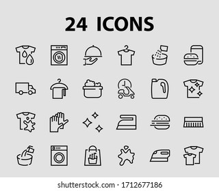Simple set of washing related vector line Icons. Contains icons such as washing machine, powder, laundry, dirty t-shirt and much more. On a white background, editable stroke. 48x48 pixels perfect.