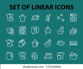Simple set of washing related vector line Icons. Contains icons such as washing machine, powder, laundry, dirty t-shirt and much more. On a white background, editable stroke. 48x48 pixels perfect.