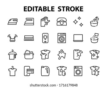 Conjunto simple de Iconos de línea vectorial relacionados con el lavado. Contiene íconos como lavadora, polvo, lavandería, pantalones sucio y mucho más. En un fondo blanco, trazo editable. 48x48 píxeles perfectos.
