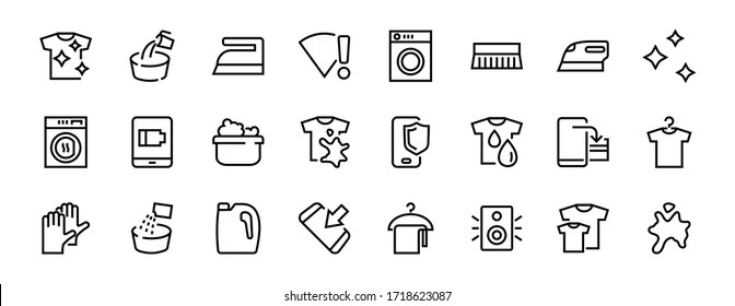 Simple set of washing related vector line Icons. Contains icons such as washing machine, powder, laundry, dirty t-shirt and much more. On a white background, editable stroke. 48x48 pixels perfect.