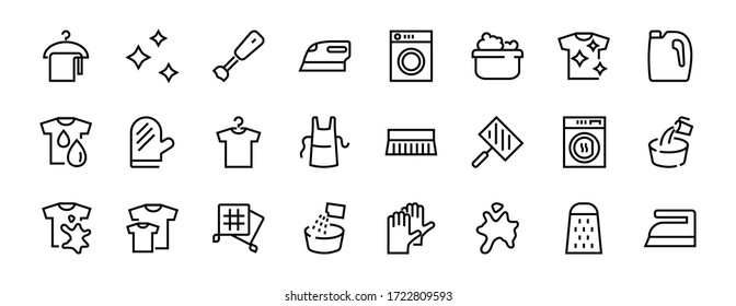 Simple set of washing related vector line Icons. Contains icons such as washing machine, powder, laundry, dirty t-shirt and much more. On a white background, editable stroke. 48x48 pixels perfect.