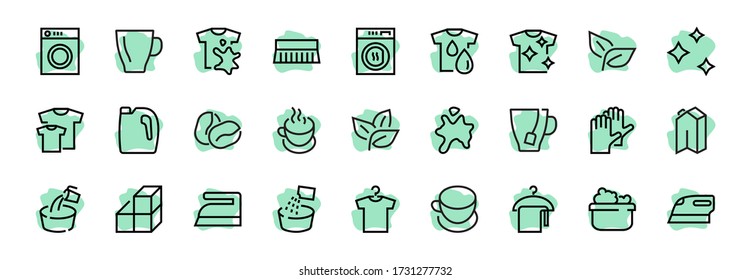 Simple set of washing related vector line Icons. Contains icons such as washing machine, powder, laundry, dirty t-shirt and much more. On a white background, editable stroke. 48x48 pixels perfect.
