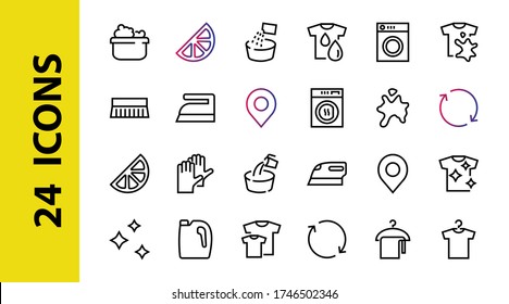 Conjunto simple de Iconos de línea vectorial relacionados con el lavado. Contiene íconos como lavadora, polvo, lavandería, camiseta sucia y mucho más. En un fondo blanco, trazo editable. 48x48 píxeles perfectos.