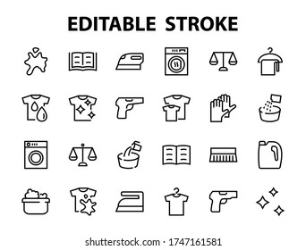 Simple set of washing related vector line Icons. Contains icons such as washing machine, powder, laundry, dirty t-shirt and much more. On a white background, editable stroke. 48x48 pixels perfect.