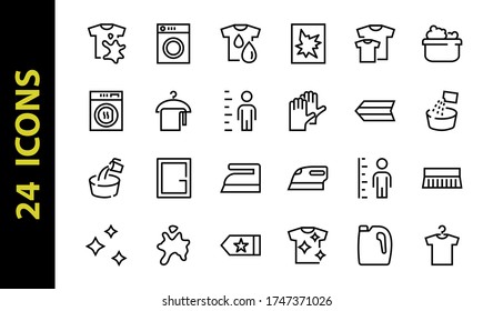 Conjunto simple de Iconos de línea vectorial relacionados con el lavado. Contiene íconos como lavadora, polvo, lavandería, camiseta sucia y mucho más. En un fondo blanco, trazo editable. 48x48 píxeles perfectos.