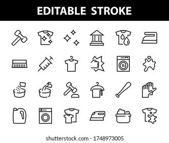 Simple set of washing related vector line Icons. Contains icons such as washing machine, powder, laundry, dirty t-shirt and much more. On a white background, editable stroke. 48x48 pixels perfect.