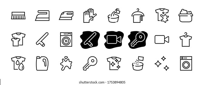 Conjunto simple de Iconos de línea vectorial relacionados con el lavado. Contiene íconos como lavadora, polvo, lavandería, camiseta sucia y mucho más. En un fondo blanco, trazo editable. 48x48 píxeles perfectos.