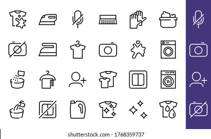 Simple set of washing related vector line Icons. Contains icons such as washing machine, powder, laundry, dirty t-shirt and much more. On a white background, editable stroke. 48x48 pixels perfect.