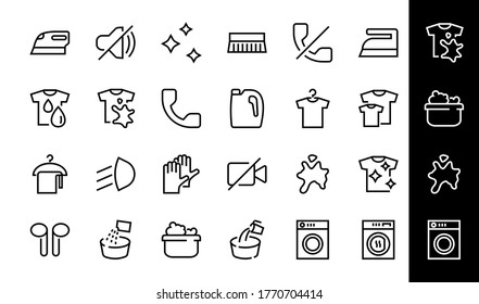 Simple set of washing related vector line Icons. Contains icons such as washing machine, powder, laundry, dirty t-shirt and much more. On a white background, editable stroke. 48x48 pixels perfect.