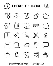 Simple set of washing related vector line Icons. Contains icons such as washing machine, powder, laundry, dirty t-shirt and much more. On a white background, editable stroke. 48x48 pixels perfect.