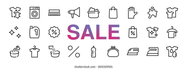 Simple set of washing related vector line Icons. Contains icons such as washing machine, powder, laundry, dirty t-shirt and much more. On a white background, editable stroke. 48x48 pixels perfect