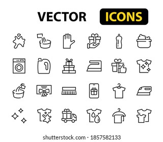 Simple set of washing related vector line Icons. Contains icons such as washing machine, powder, laundry, dirty t-shirt and much more. On a white background, editable stroke. 48x48 pixels perfect.