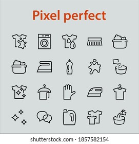 Simple set of washing related vector line Icons. Contains icons such as washing machine, powder, laundry, dirty t-shirt and much more. On a white background, editable stroke. 48x48 pixels perfect.
