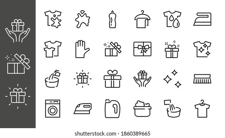Simple set of washing related vector line Icons. Contains icons such as washing machine, powder, laundry, dirty t-shirt and much more. On a white background, editable stroke. 48x48 pixels perfect.