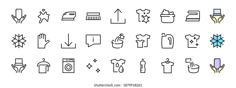 Simple set of washing related vector line Icons. Contains icons such as washing machine, powder, laundry, dirty t-shirt and much more. On a white background, editable stroke. 48x48 pixels perfect.