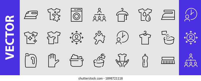  Simple set of washing related vector line Icons. Contains icons such as washing machine, powder, laundry, dirty t-shirt and much more. On a white background, editable stroke. 48x48 pixels perfect.