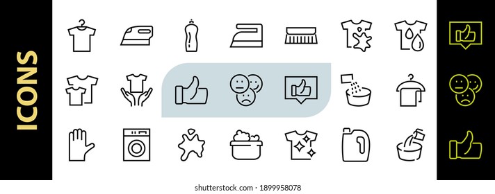  Conjunto simple de Iconos de línea vectorial relacionados con el lavado. Contiene íconos como lavadora, polvo, lavandería, camiseta sucia y mucho más. En un fondo blanco, trazo editable. 48x48 píxeles perfectos.