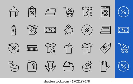  Simple set of washing related vector line Icons. Contains icons such as washing machine, powder, laundry, dirty t-shirt and much more. On a white background, editable stroke. 48x48 pixels perfect.
