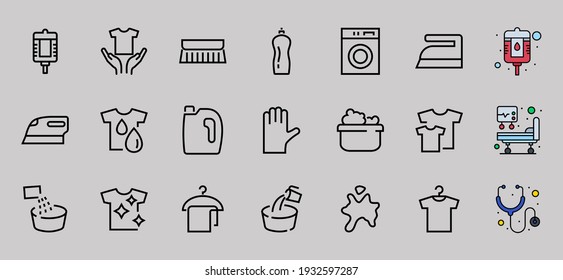  Simple set of washing related vector line Icons. Contains icons such as washing machine, powder, laundry, dirty t-shirt and much more. On a white background, editable stroke. 48x48 pixels perfect.