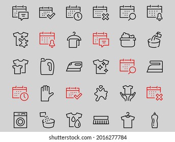  Simple set of washing related vector line Icons. Contains icons such as washing machine, powder, laundry, dirty t-shirt and much more. On a white background, editable stroke. 48x48 pixels perfect.