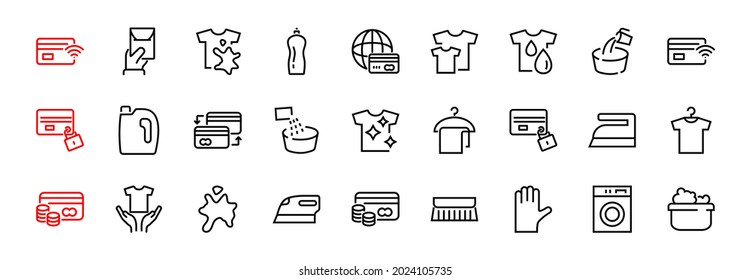  Simple set of washing related vector line Icons. Contains icons such as washing machine, powder, laundry, dirty t-shirt and much more. On a white background, editable stroke. 48x48 pixels perfect.