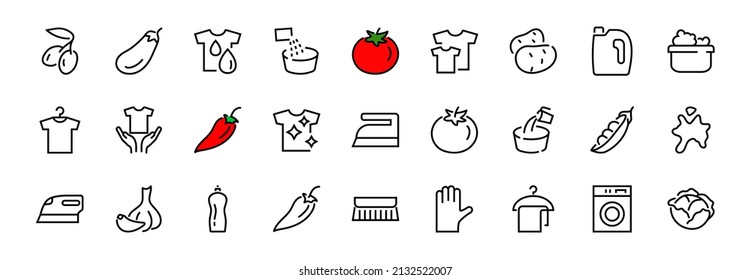 Simple set of washing related vector line Icons. Contains icons such as washing machine, powder, laundry, dirty t-shirt and much more. On a white background, editable stroke. 48x48 pixels perfect