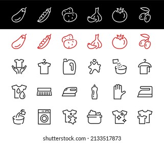  Simple set of washing related vector line Icons. Contains icons such as washing machine, powder, laundry, dirty t-shirt and much more. On a white background, editable stroke. 48x48 pixels perfect.