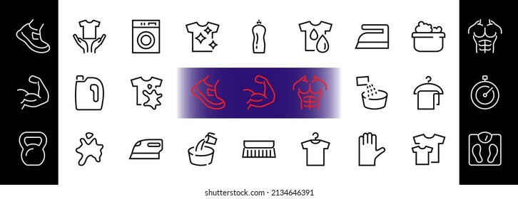  Simple set of washing related vector line Icons. Contains icons such as washing machine, powder, laundry, dirty t-shirt and much more. On a white background, editable stroke. 48x48 pixels perfect.