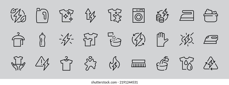  Simple set of washing related vector line Icons. Contains icons such as washing machine, powder, laundry, dirty t-shirt and much more. On a white background, editable stroke. 48x48 pixels perfect.