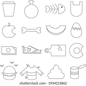 Simple Set of Waste Product and Trash Related Vector Line Icons. Contains such Icons as Trash Can, Rotten Apple, Dead Fish and More. Editable Stroke.