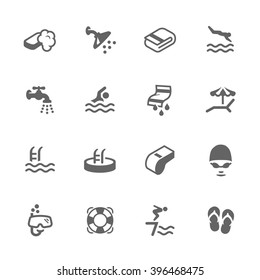 Simple Set of Water Pool Related Vector Icons. Contains such icons as swimming, shower, towels and more. 