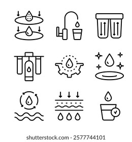 Simple Set of Water Related Vector Line Icons. Water purification icon set. Wastewater treatment collection. Osmosis and desalination. Filtration process. Potable water symbols. Isolated vector outlin