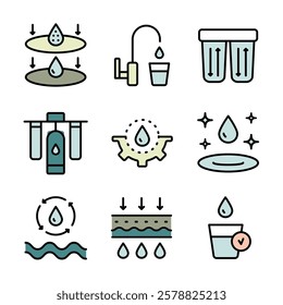 Simple Set of Water Related Vector Color Icons. Water purification icon set. Wastewater treatment collection. Osmosis and desalination. Filtration process. Potable water symbols. Isolated vector simpl