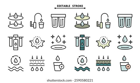 Simple Set of Water Related Vector Color Icons. Editable stroke. Water purification icon set. Wastewater treatment collection. Osmosis and desalination. Filtration process. Potable water symbols. Isol
