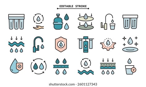 Simple Set of Water Related Vector Color Icons. Editable stroke. Water purification icon set. Wastewater treatment collection. Osmosis and desalination. Filtration process. Potable water symbols. Isol