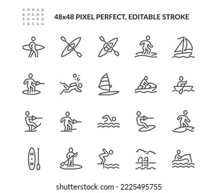 Conjunto simple de iconos de línea de vectores relacionados con el deporte acuático.  Contiene íconos como la bicicleta de agua en bicicleta, el submarino, el windsurf y más. Stroke editable. 48x48 Pixel Perfecto.