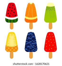 Simple set with watermelon, orange, kiwi, grape, strawberry, pineapple ice cream in retro style. Vector illustration. Summer theme