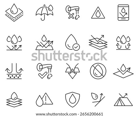 Simple set of waterproof icon. Contains such Icons as anti wetting material, surface protection, hydrophobic fabric, water protection, moisture barrier and more. Layer that protects against drenching.