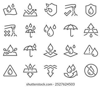 Simple Set of Waterproof Related Vector Line Icons. Contains such Icons as Drop Warning, Moisture Resistant Textile, Allowed to wash under water and more.