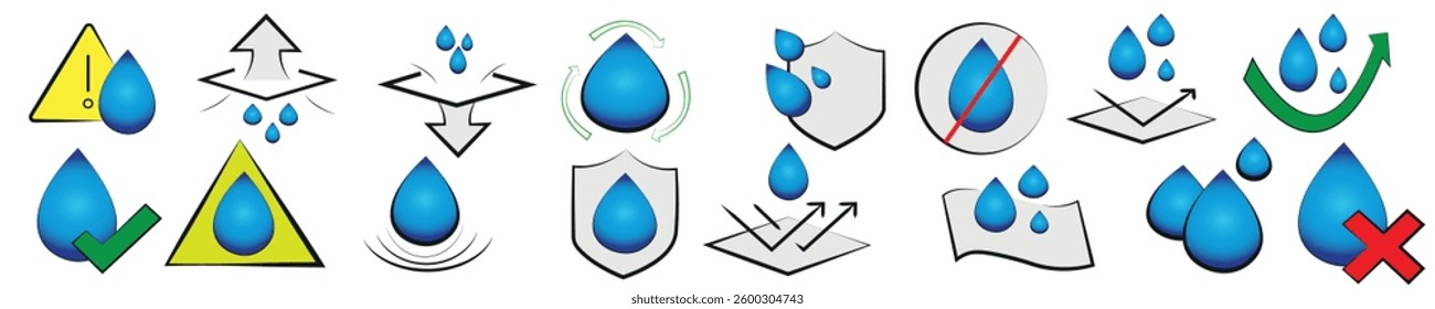 Simple Set of Waterproof Related Vector Line Icons. Contains such Icons as Drop Warning, Moisture Resistant Textile, Allowed to wash under water and more