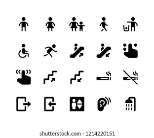 Simple Set of Wayfinding Related Vector Glyph Icons. Contains such Icons as sign, male, women, walking, run, wheelchair and More. pixel perfect vector icons based on 32px grid. Well Organized