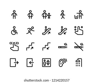 Simple Set of Wayfinding Related Vector Line Icons. Contains such Icons as sign, male, women, walking, run, wheelchair and More. pixel perfect vector icons based on 32px grid. Editable Strokes